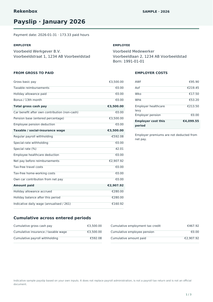 First page of the actual fictional 2026 sample payslip
