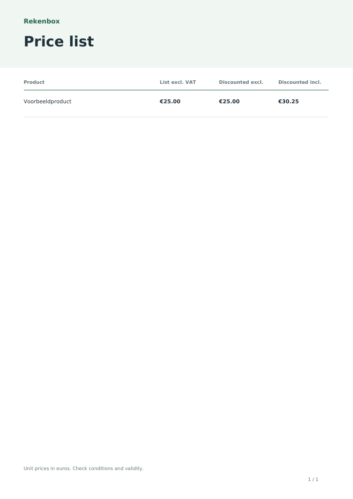 Sample customer price list