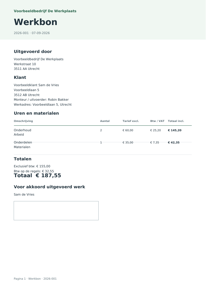 Voorbeeld-PDF: Werkbon maken